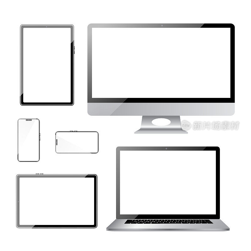 在白色背景上隔离的白色发光屏幕的电子设备;台式电脑、笔记本电脑、智能手机和平板电脑。矢量插图Eps 10文件